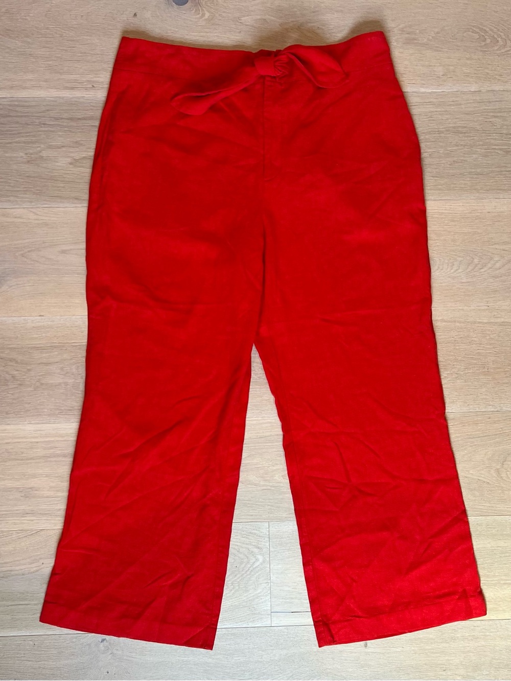Anthropologie Red Linen Tie Front Cropped Wide Leg Pants Women’s Size 14